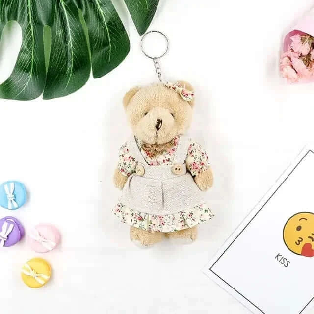 Country Style Linen Teddy Bear Keychain