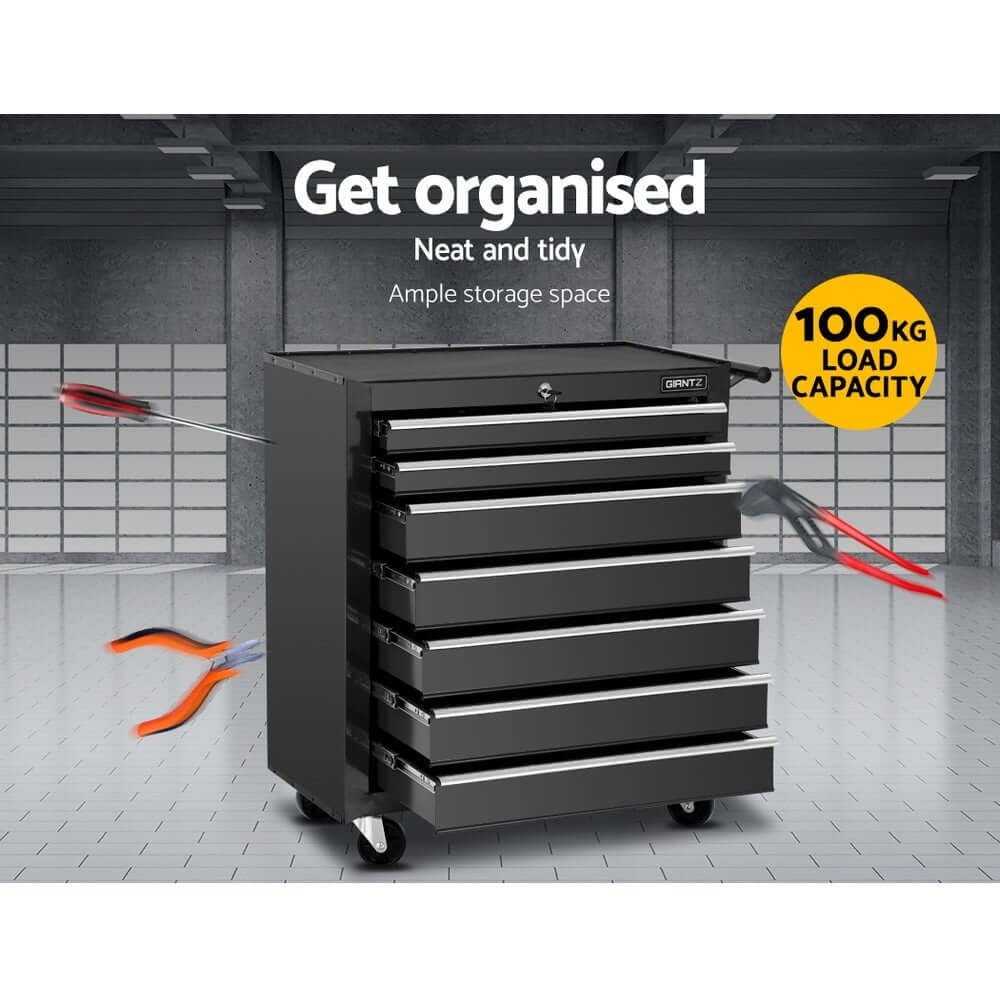 Tool Chest and Trolley Box Cabinet 7 Drawers Cart Garage Storage Black-3