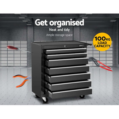 Tool Chest and Trolley Box Cabinet 7 Drawers Cart Garage Storage Black-3